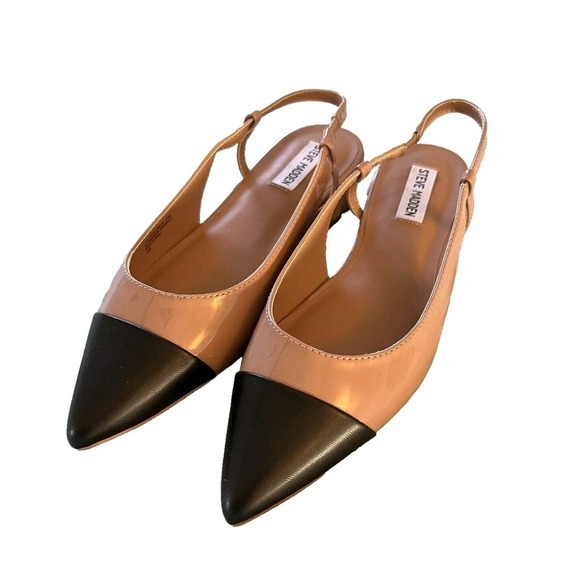 NEW! Steve Madden Wms Allure Patent Slingback Block Heel Tan/Black Vegan Sz 9.5M - Picture 1 of 10